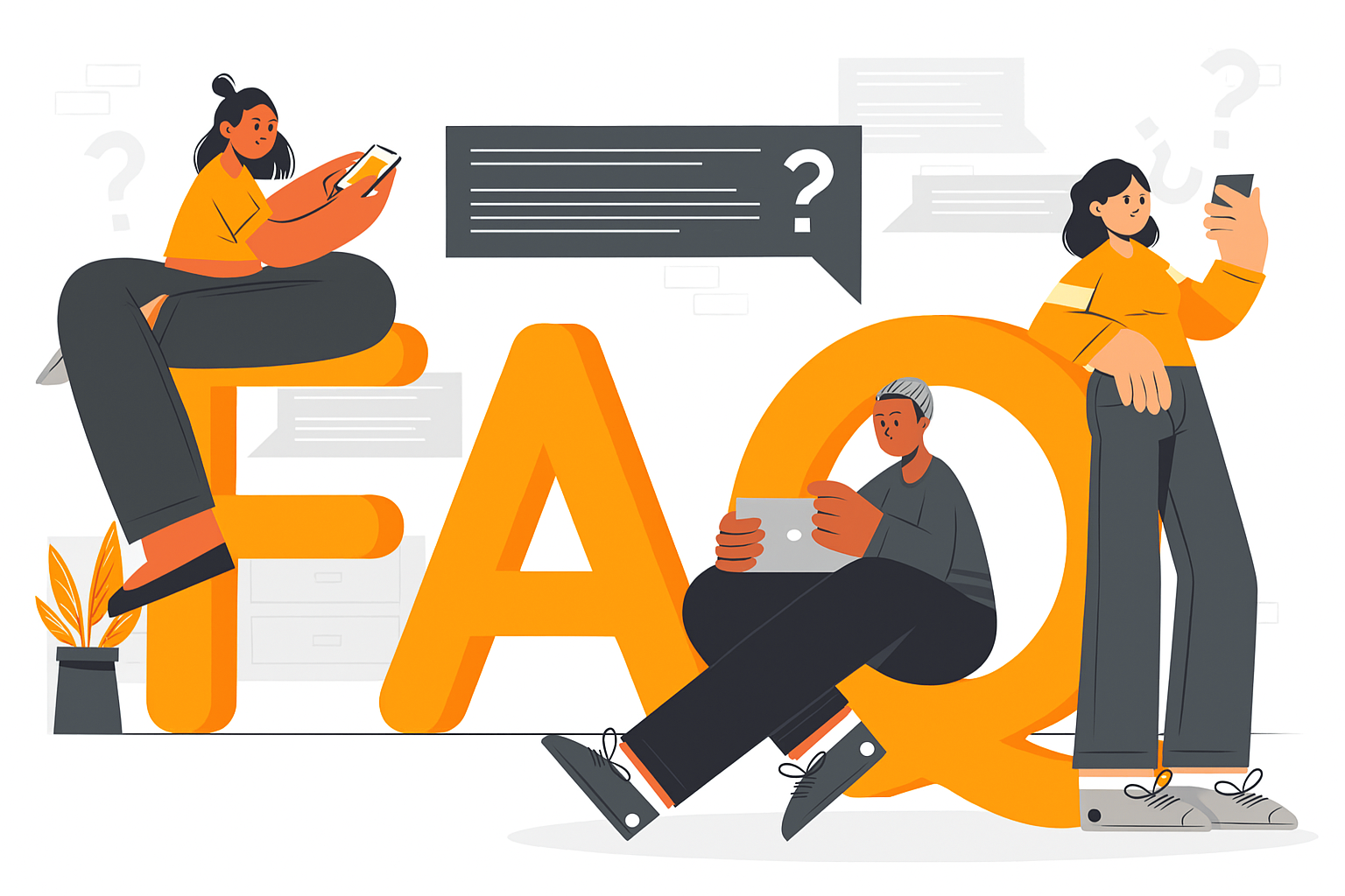 Illustration of three people interacting with large 'FAQ' letters, accompanied by a help section listing topics such as listing optimization, product clarity, marketing, PPC campaigns, and sales reports.